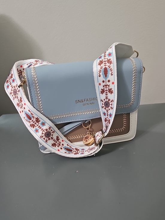 Handbags - Light Blue Crossbody Bag with Embroidered Strap